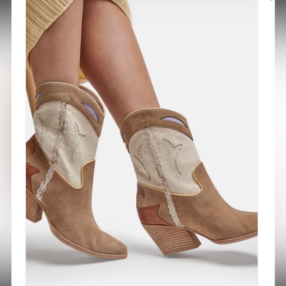 Dolce Vita Loral Cowboy Boots Taupe Multi Suede Midi Leather Tan Women Sz 7.5